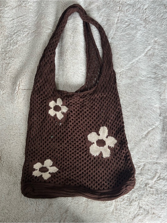 Handbags - Brown Crochet Floral Tote Bag - Casual Everyday Shoulder Bag